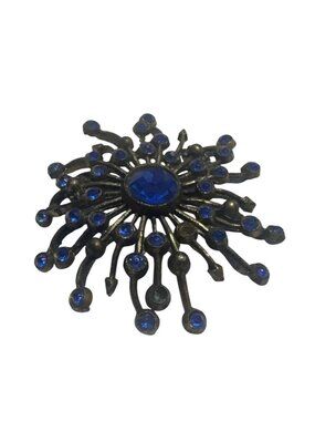 Vintage Brass Starburst Brooch With Blue Rhinestones Round 2.5" Statement Pin